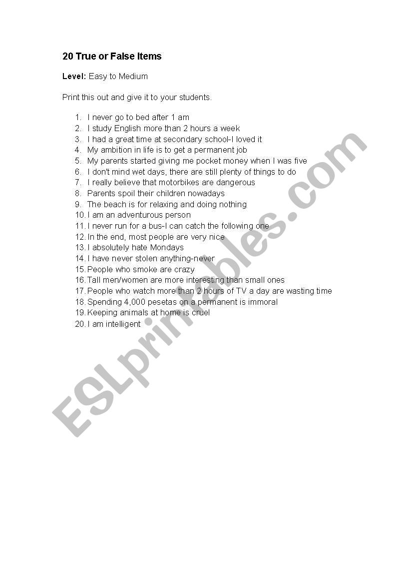 20 true questions worksheet