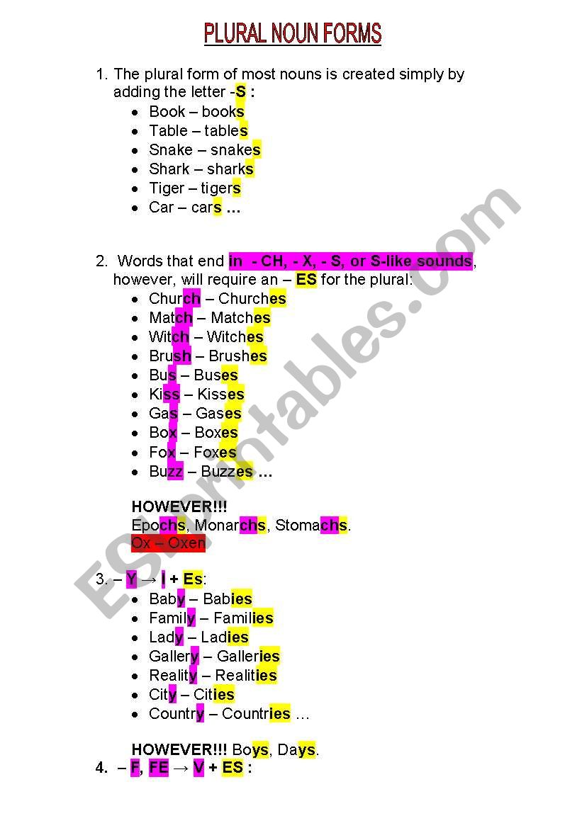 PLURAL NOUNS FORM worksheet