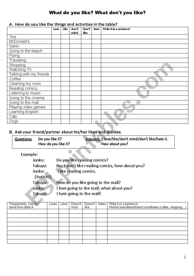 Likes and Dislikes worksheet