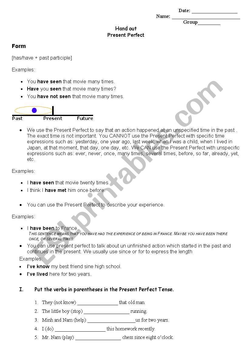 Present perfect worksheet