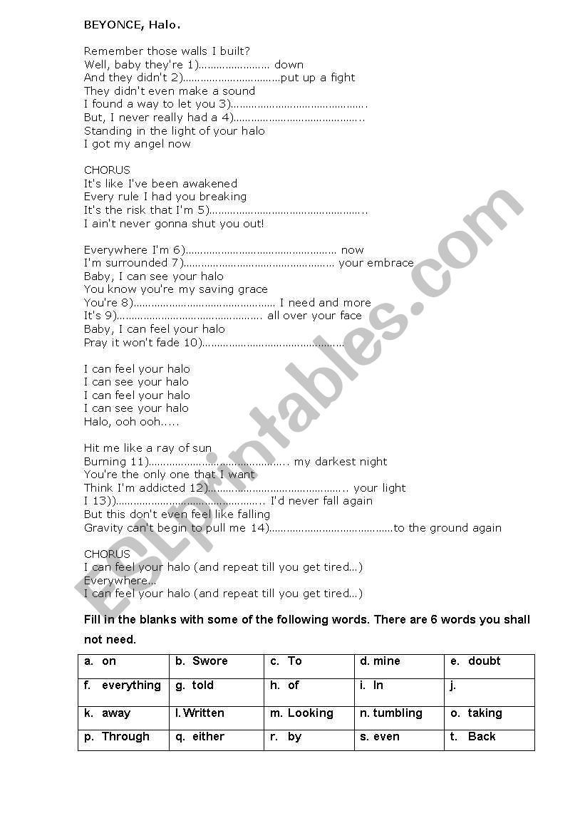 Song. Halo by Beyoncee worksheet