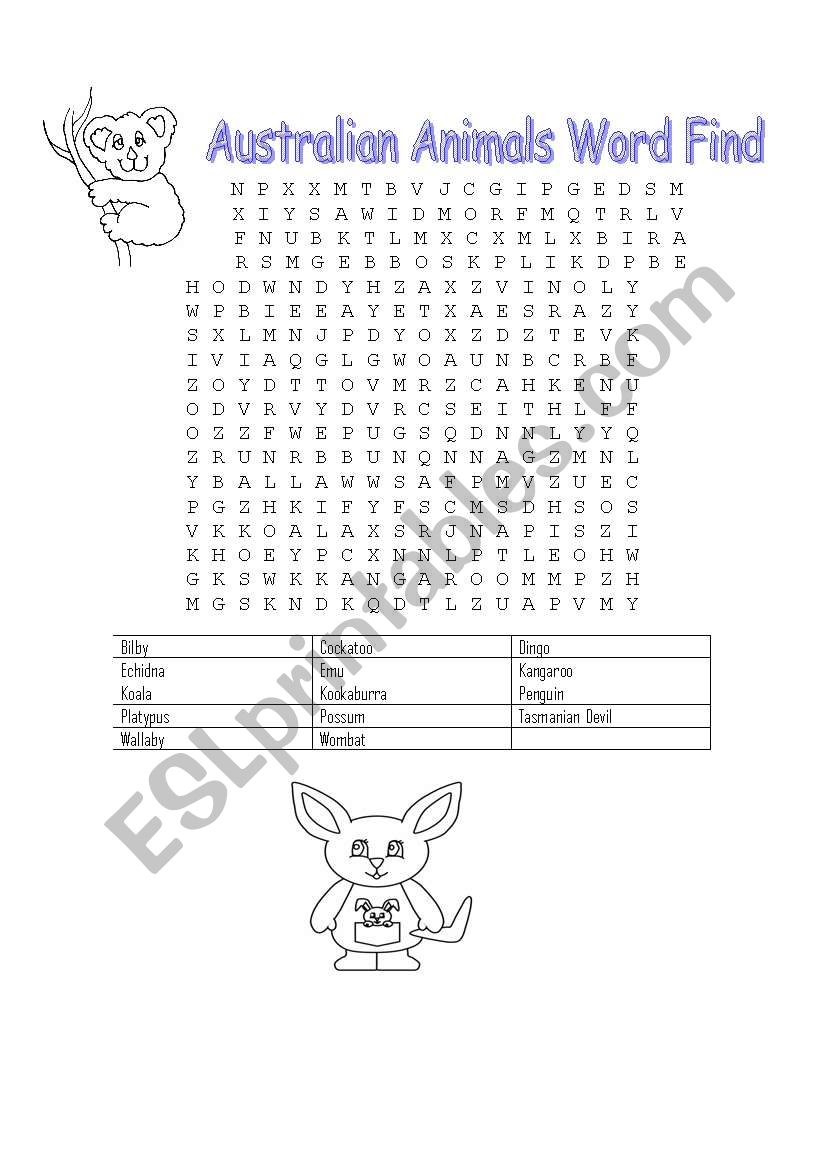 Australian Animals Word Find worksheet