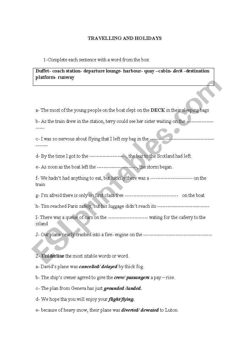 Travels and Holydays worksheet