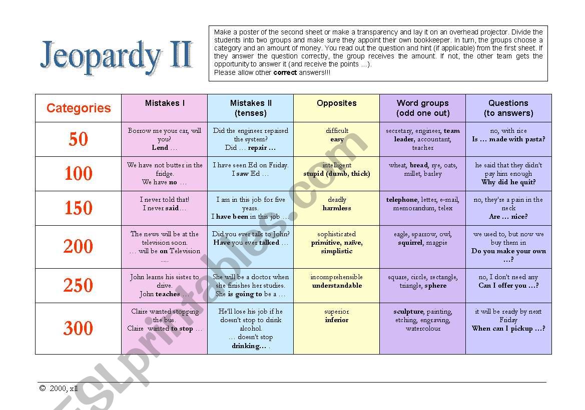 Jeopardy II - General English worksheet