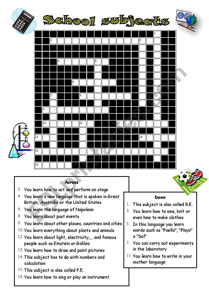 School subjects crossword worksheet