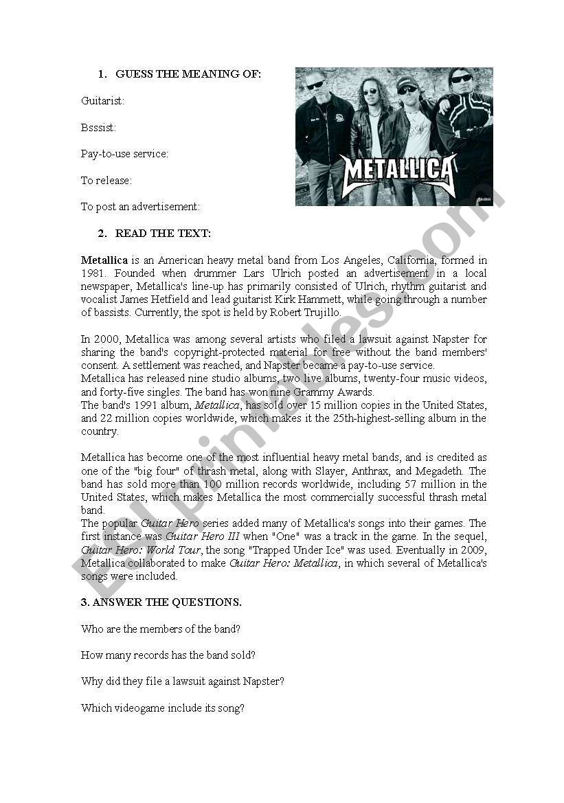 Reading - Metallica worksheet