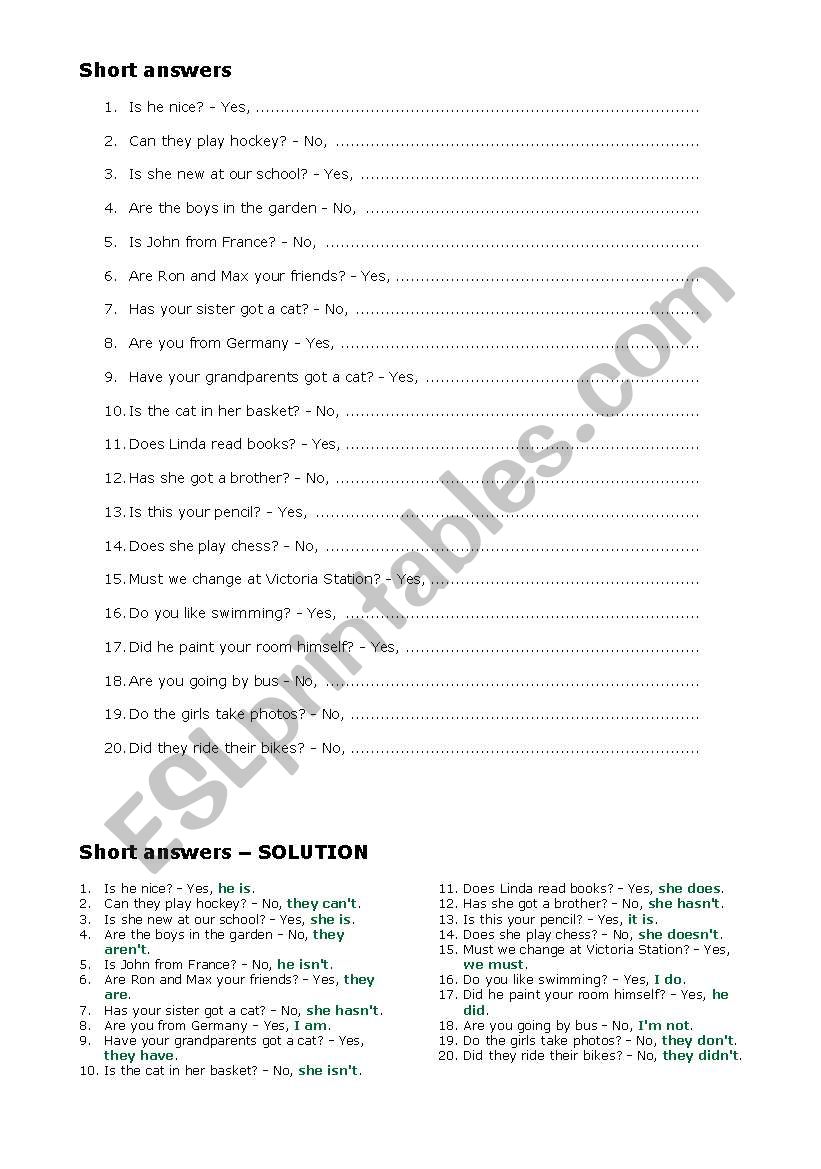 Short Answers worksheet