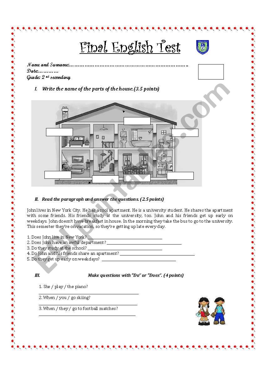 English test for 2nd grade secondary