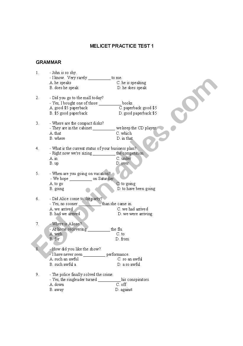 MELICET PREPARATION worksheet