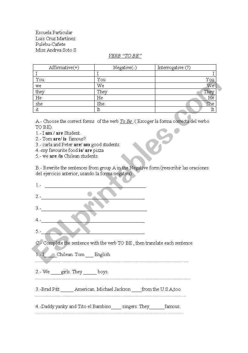 verb to be worksheet