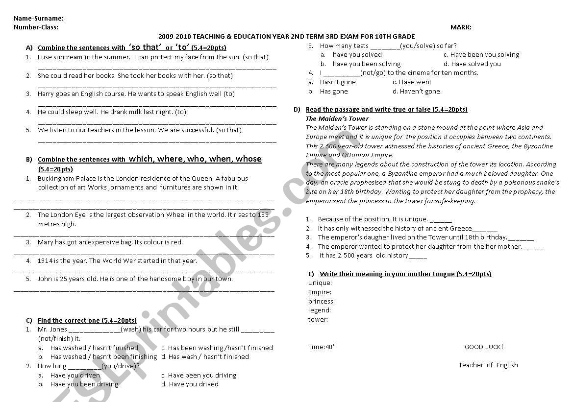 exam for 10th grade worksheet