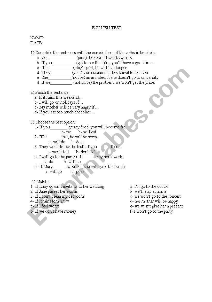 first conditional test worksheet