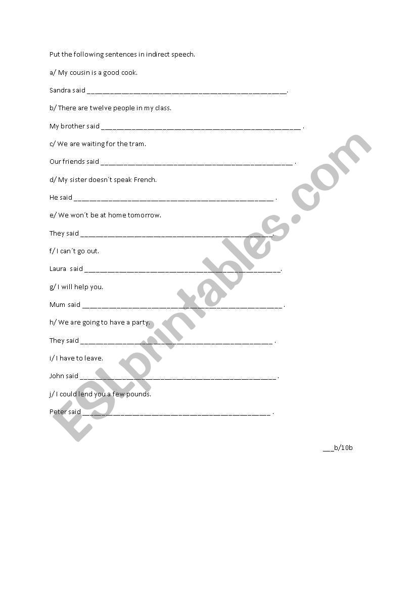 indirect speech worksheet