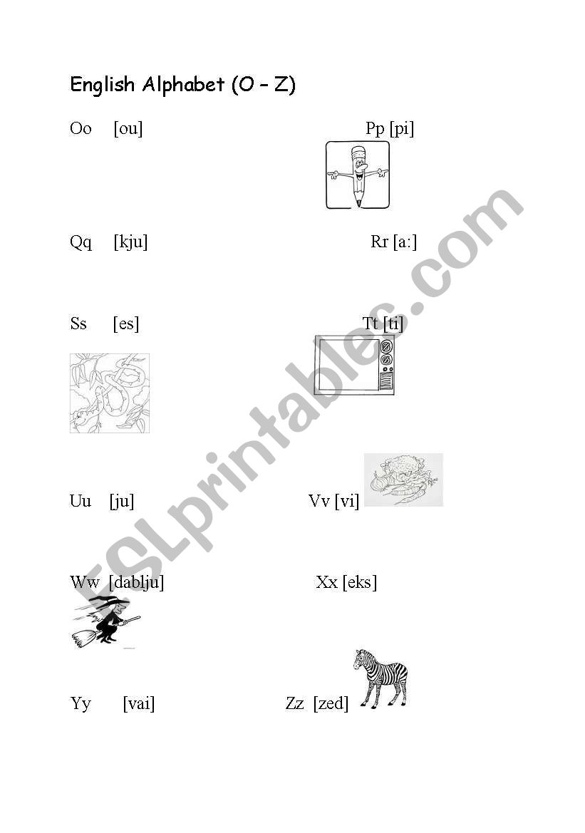 Alphabet O-Z worksheet