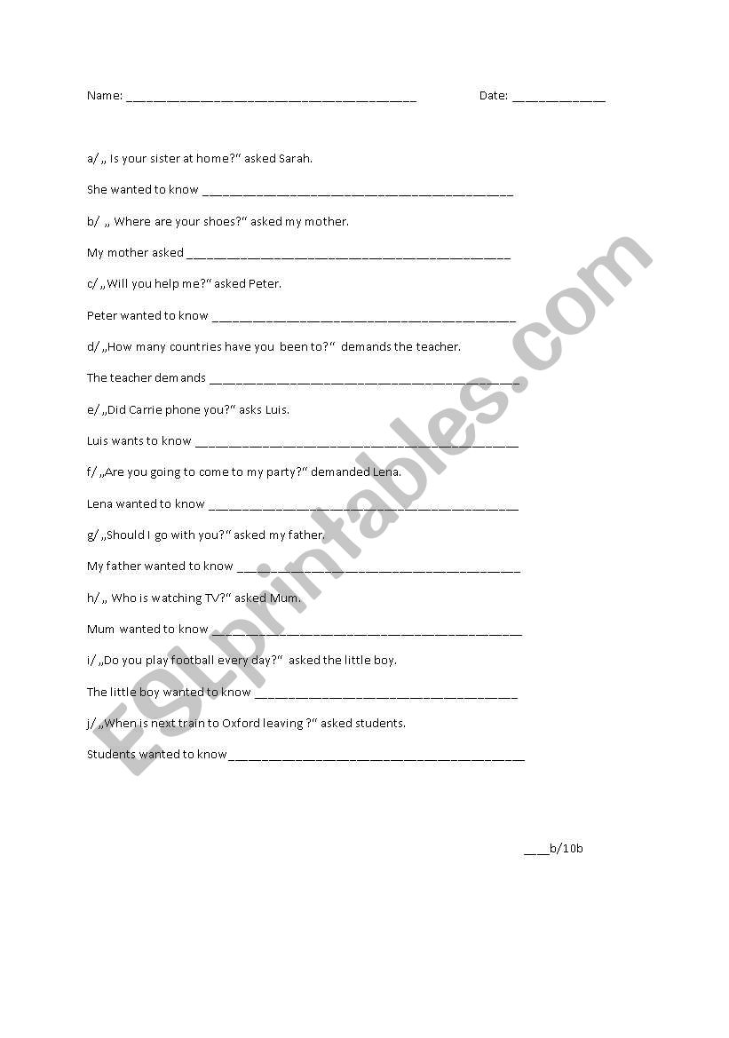 Indirect questions worksheet