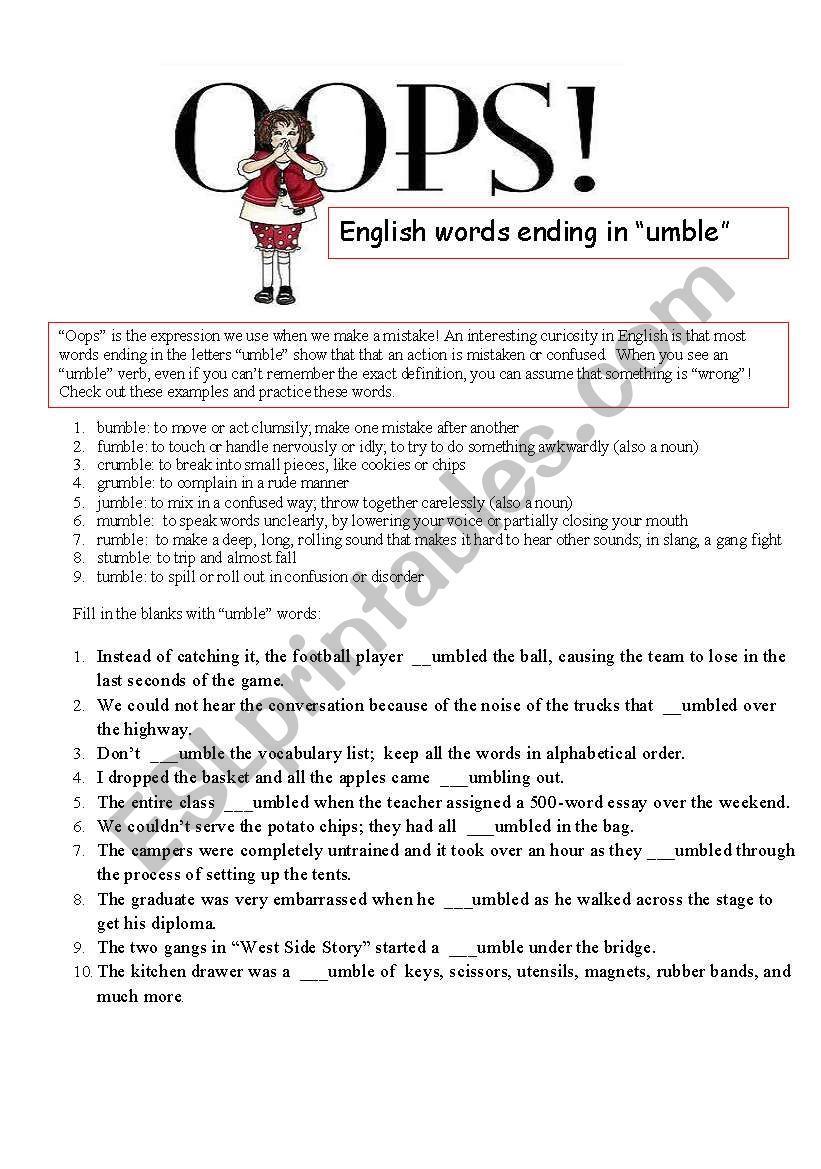 Words ending in -umble worksheet