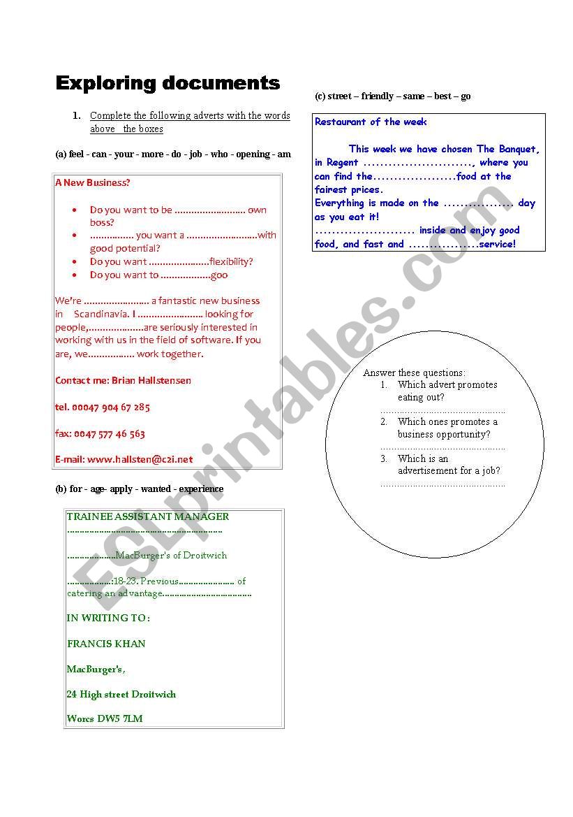 Exploring documents worksheet