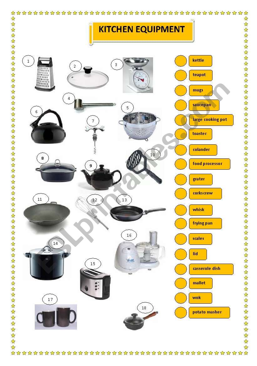 kitchen equipment worksheet