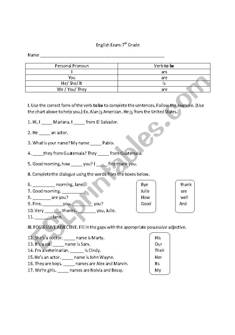 7th Grade English Exam worksheet