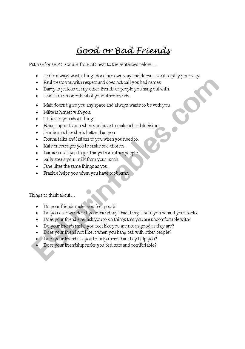 Good or Bad Friends worksheet