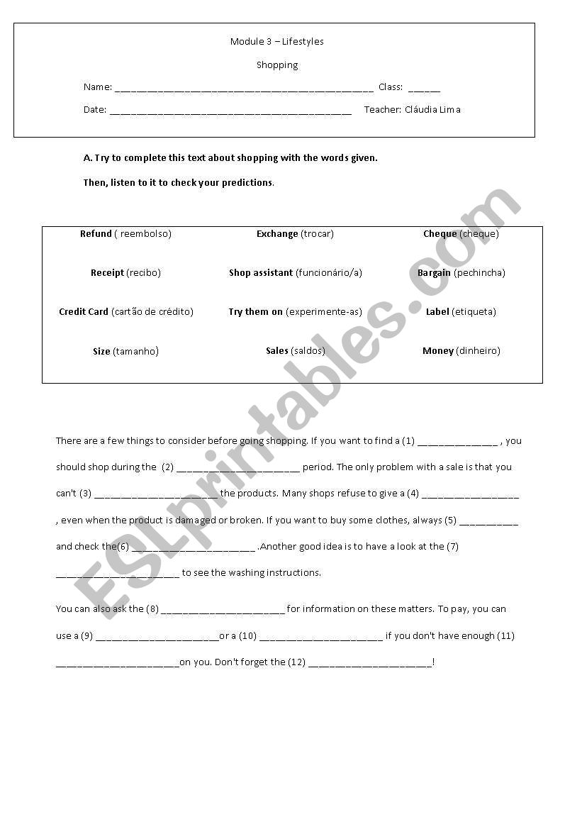 Shopping worksheet