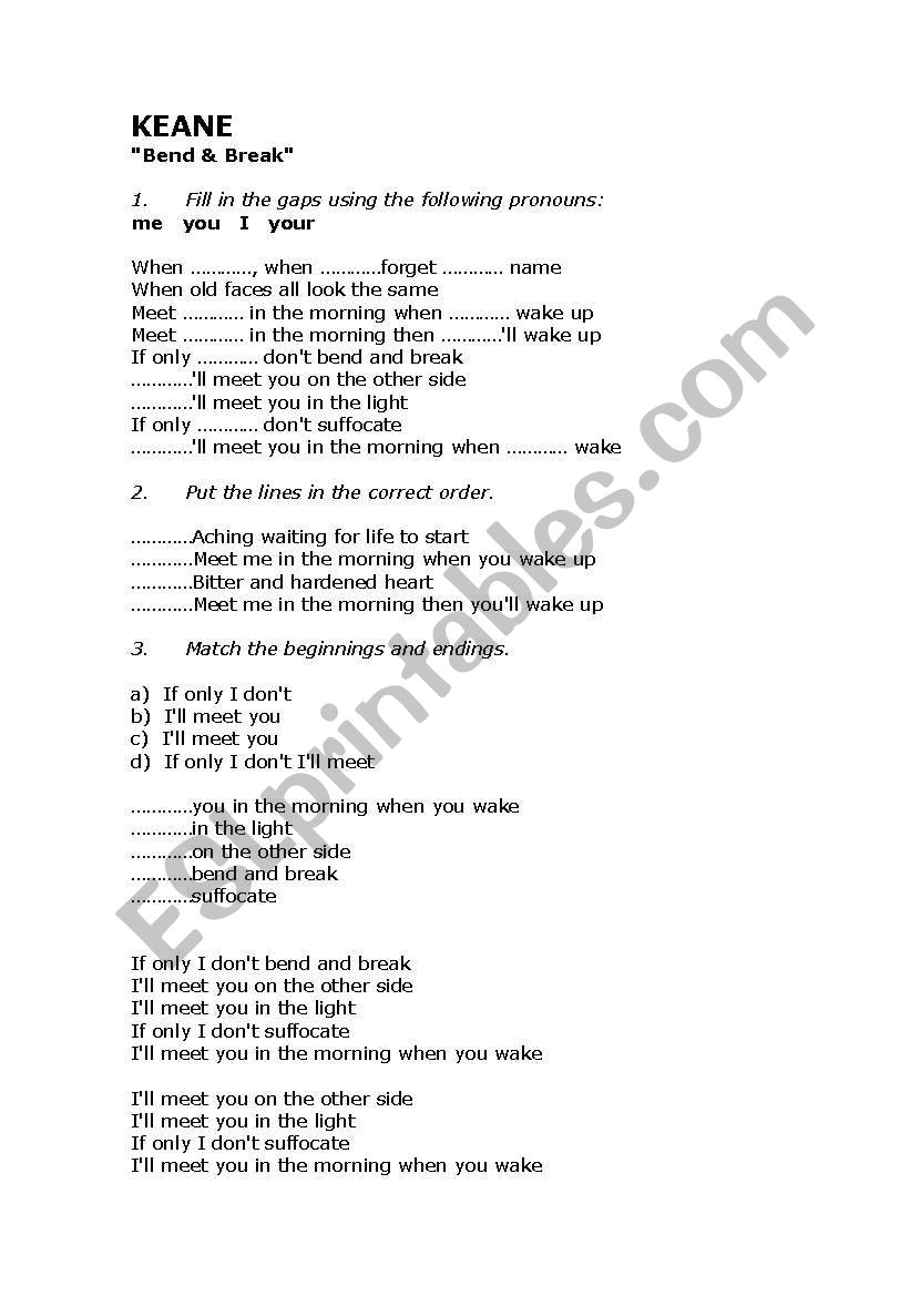 Bend and Break by Keane worksheet