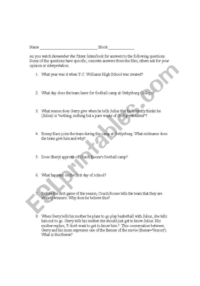 Rember the Titans Worksheet worksheet