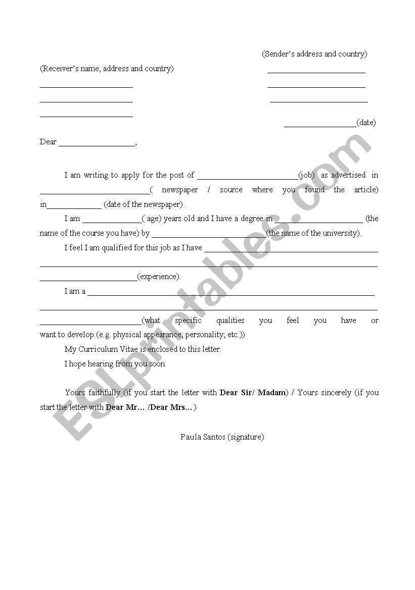 Application letter worksheet