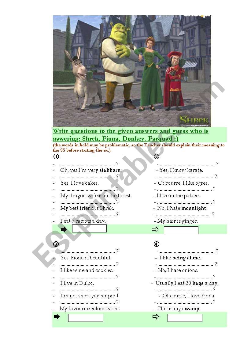 Asking questions with SHREK worksheet