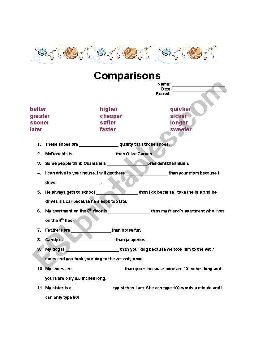 Comparisons worksheet