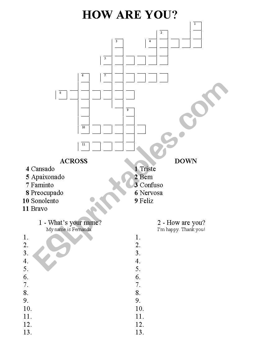 EMOTIONS CROSSWORD worksheet