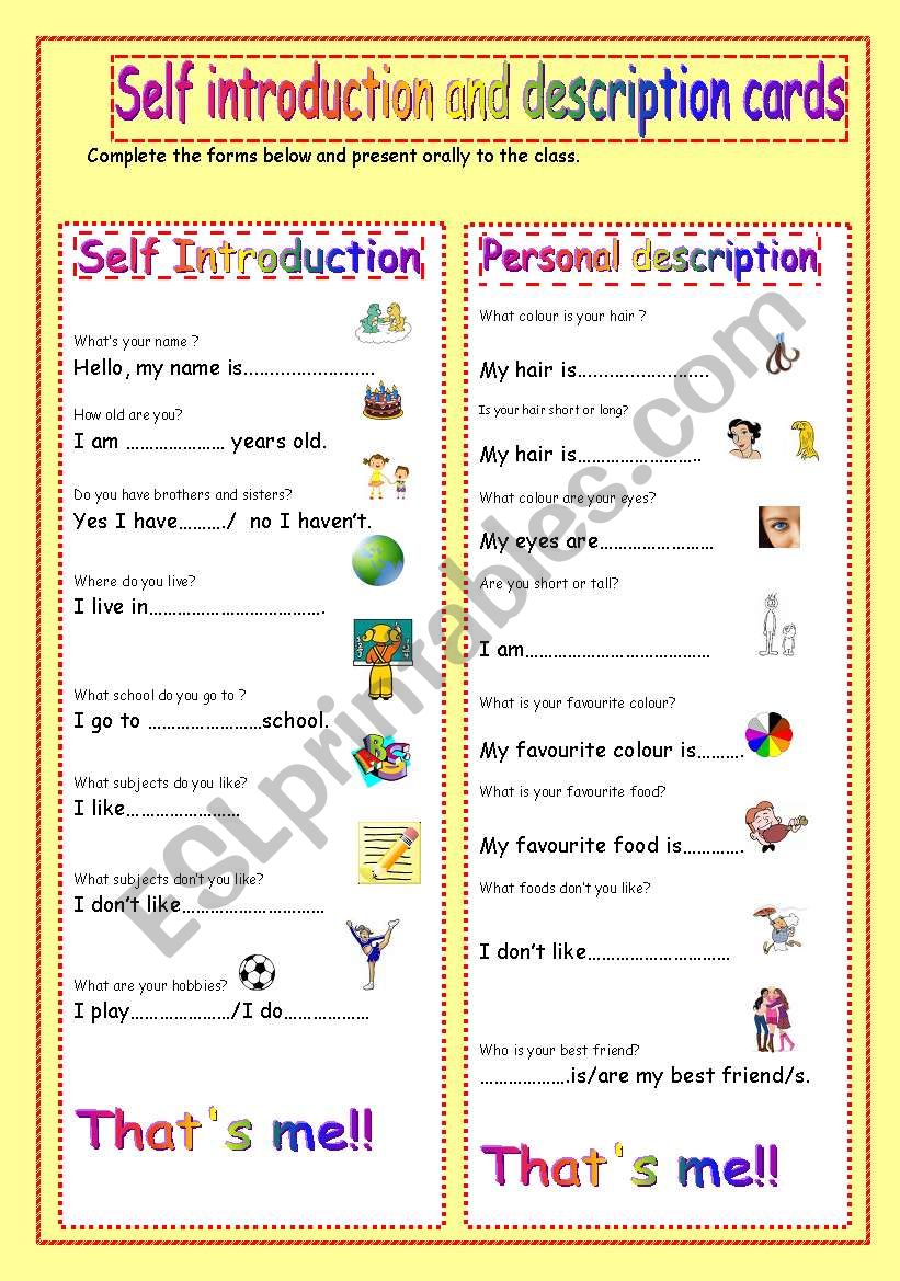 self introduction and description cards