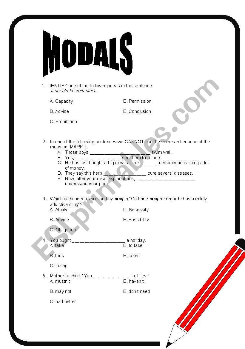 QUIZ ON MODALS worksheet