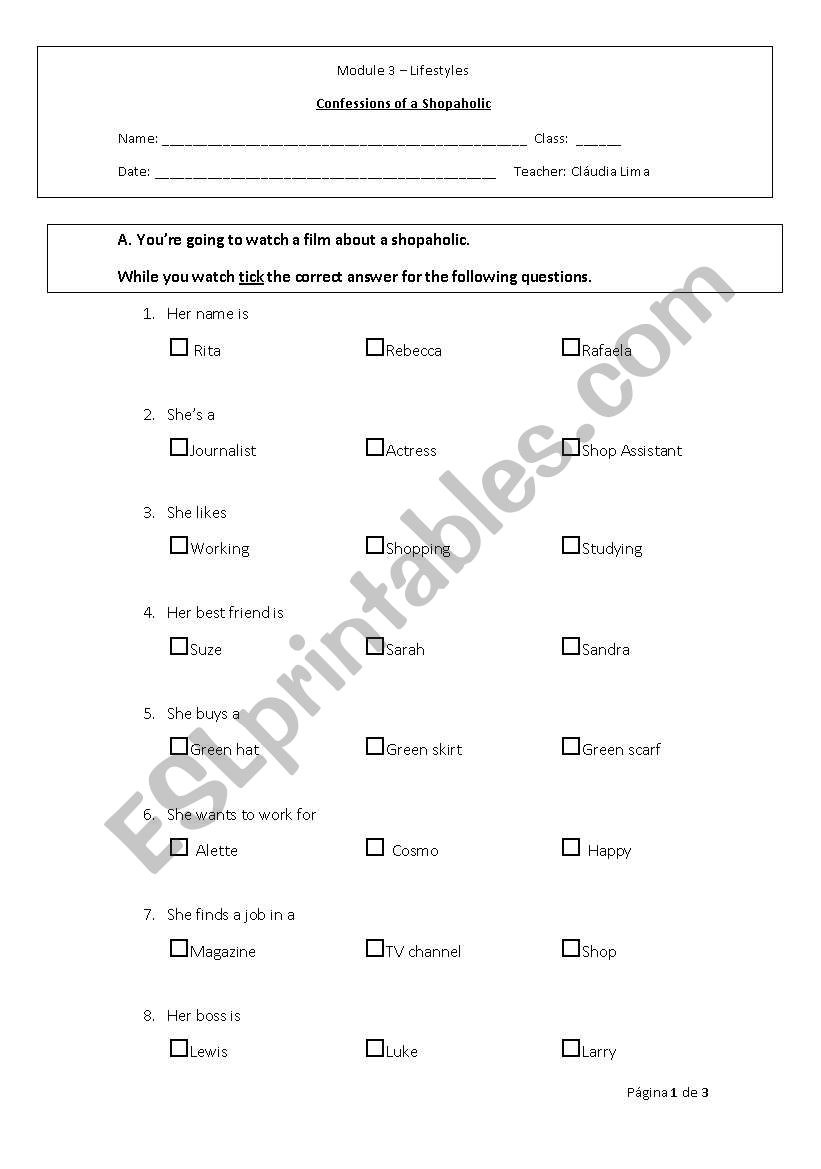 Confessions of a shopaholic worksheet