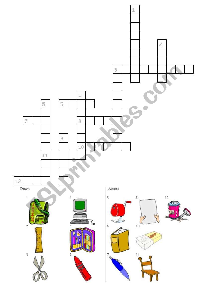 school objects crossword worksheet