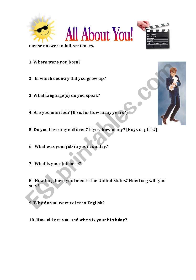 All About You! worksheet