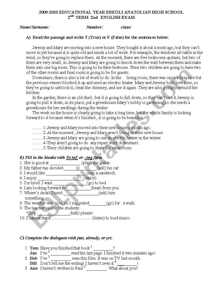 10th grade 2nd term exam worksheet