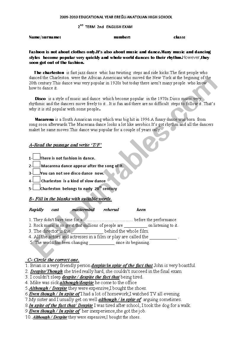 11th grade exam worksheet