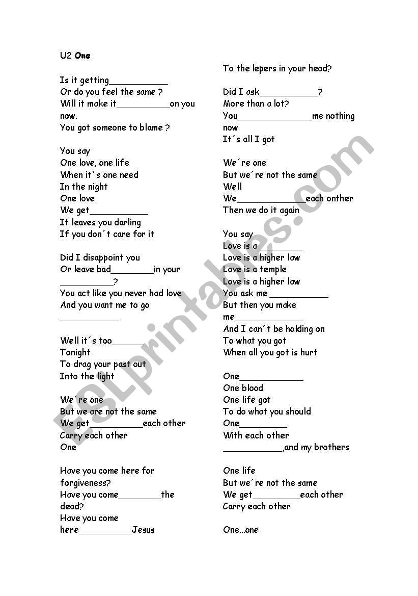 SONG U2 worksheet