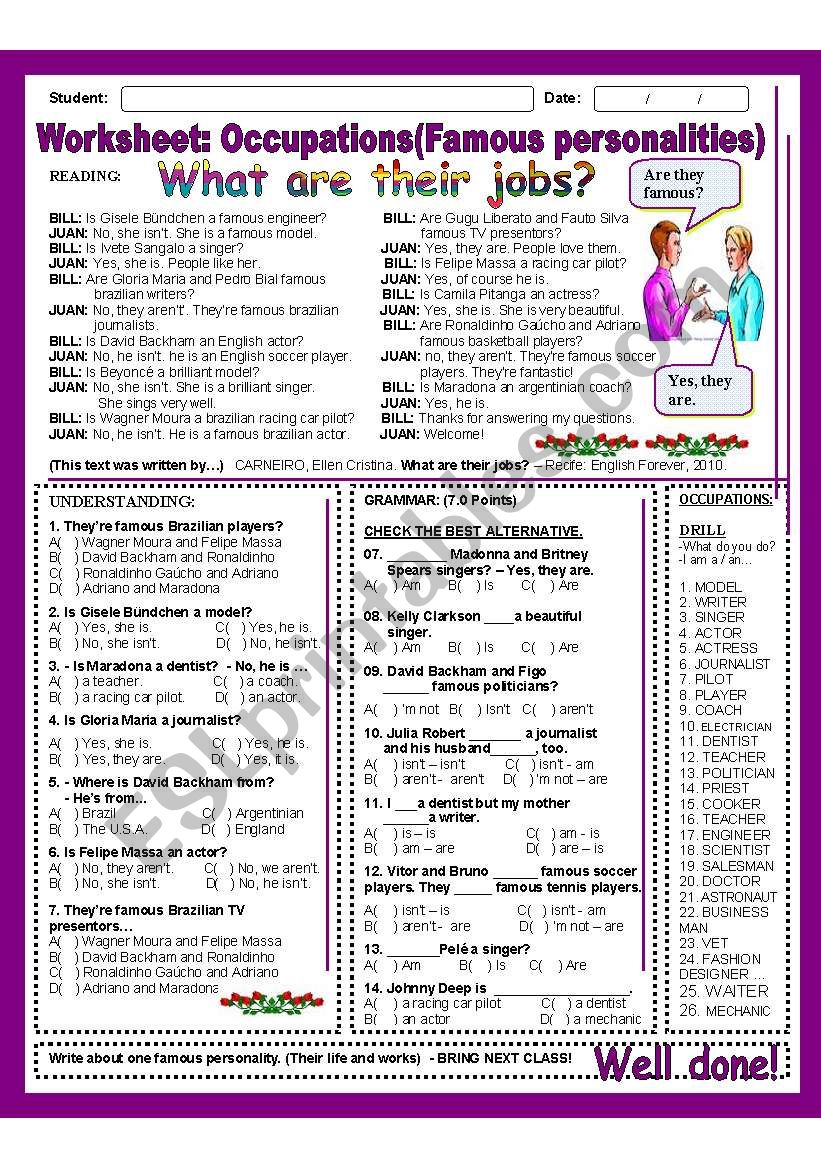 Worksheet: Occupations (Famous Personalities)