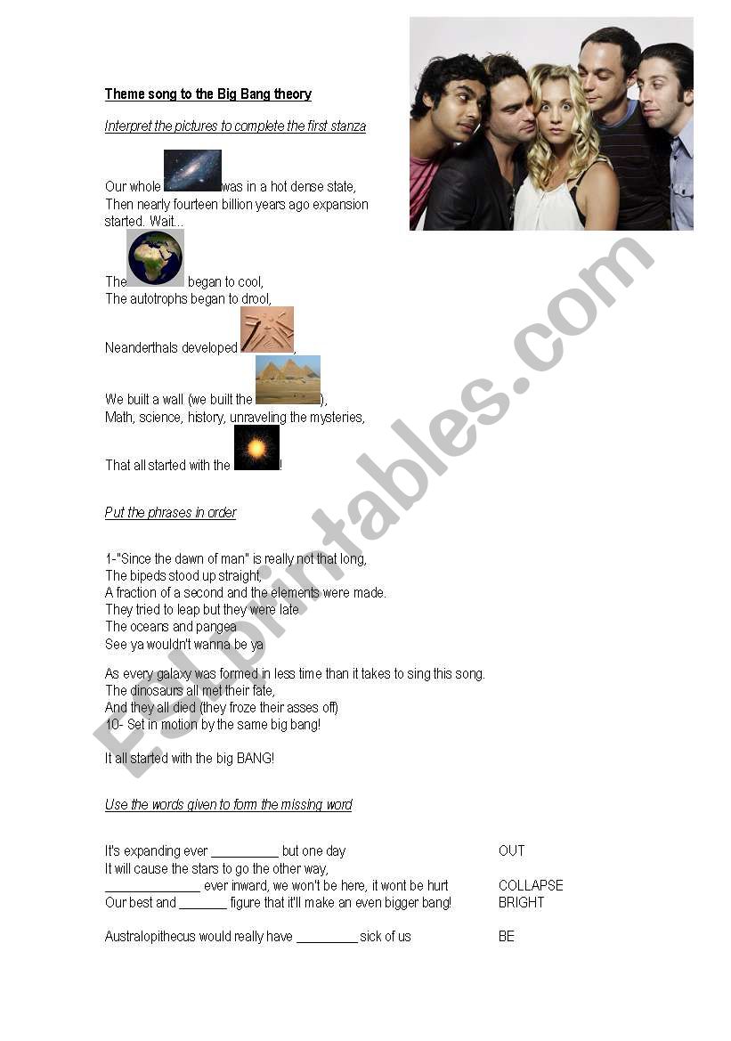 Big bang theory theme song worksheet