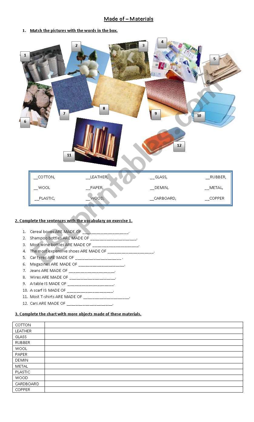 materials + made of worksheet