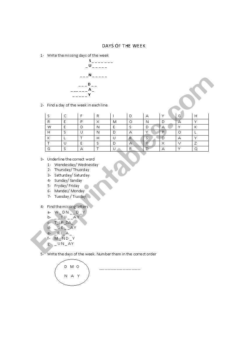 Days of the Week worksheet