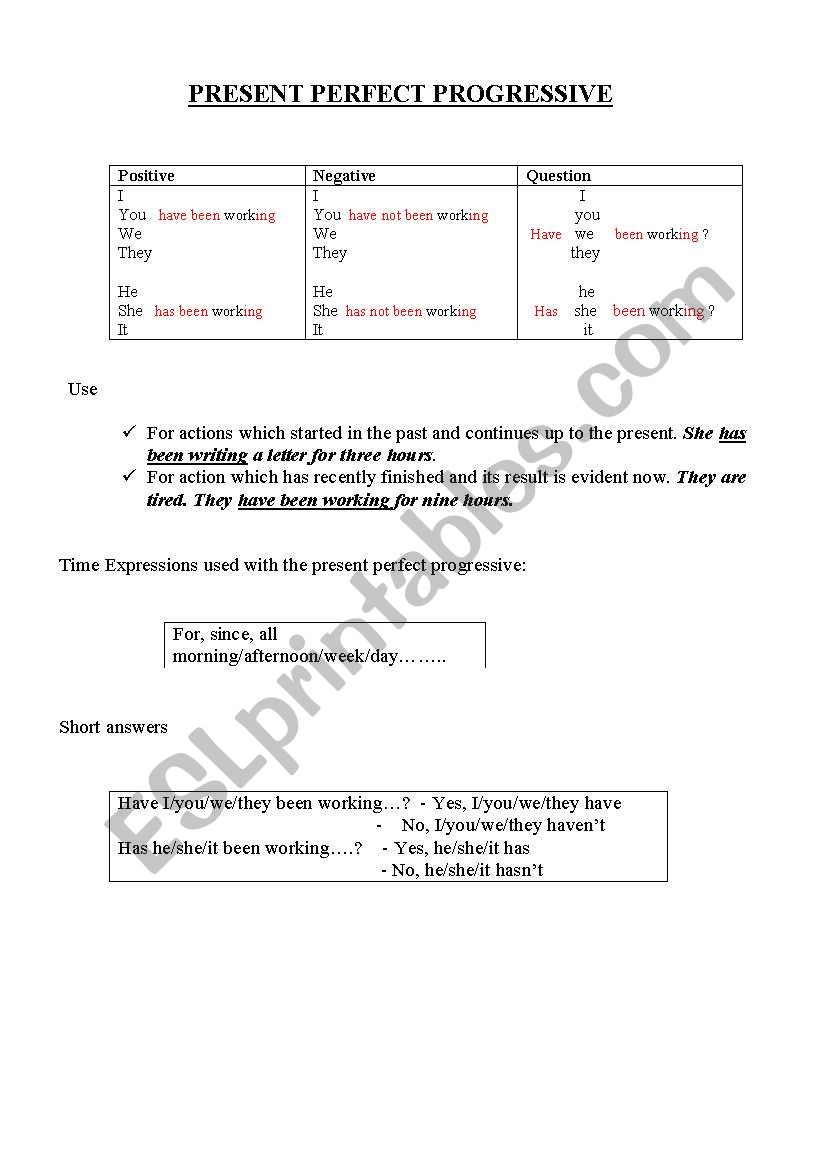 Present Perfect Progressive worksheet