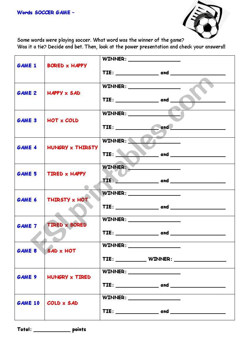 WORDS SOCCER GAME worksheet