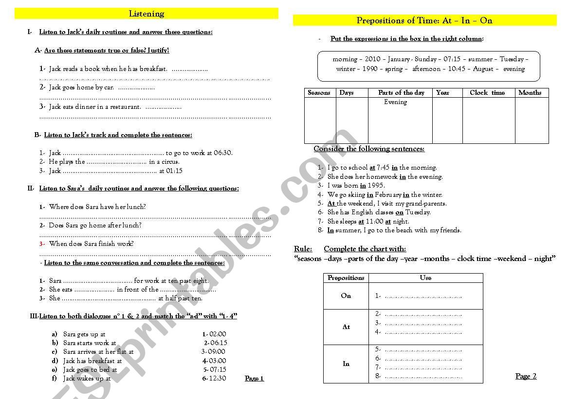 Daily routines - prepositions of time - writing