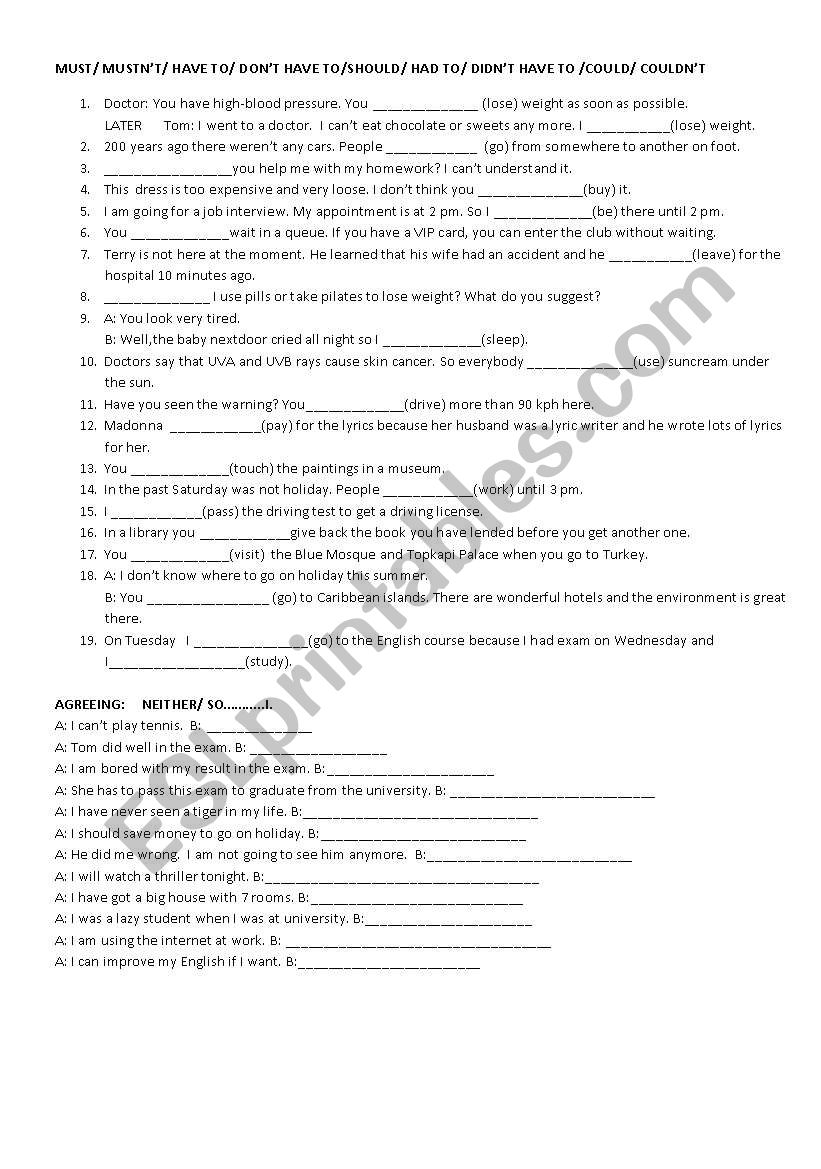 MUST/ HAVE TO/ HAD TO/ SHOULD worksheet