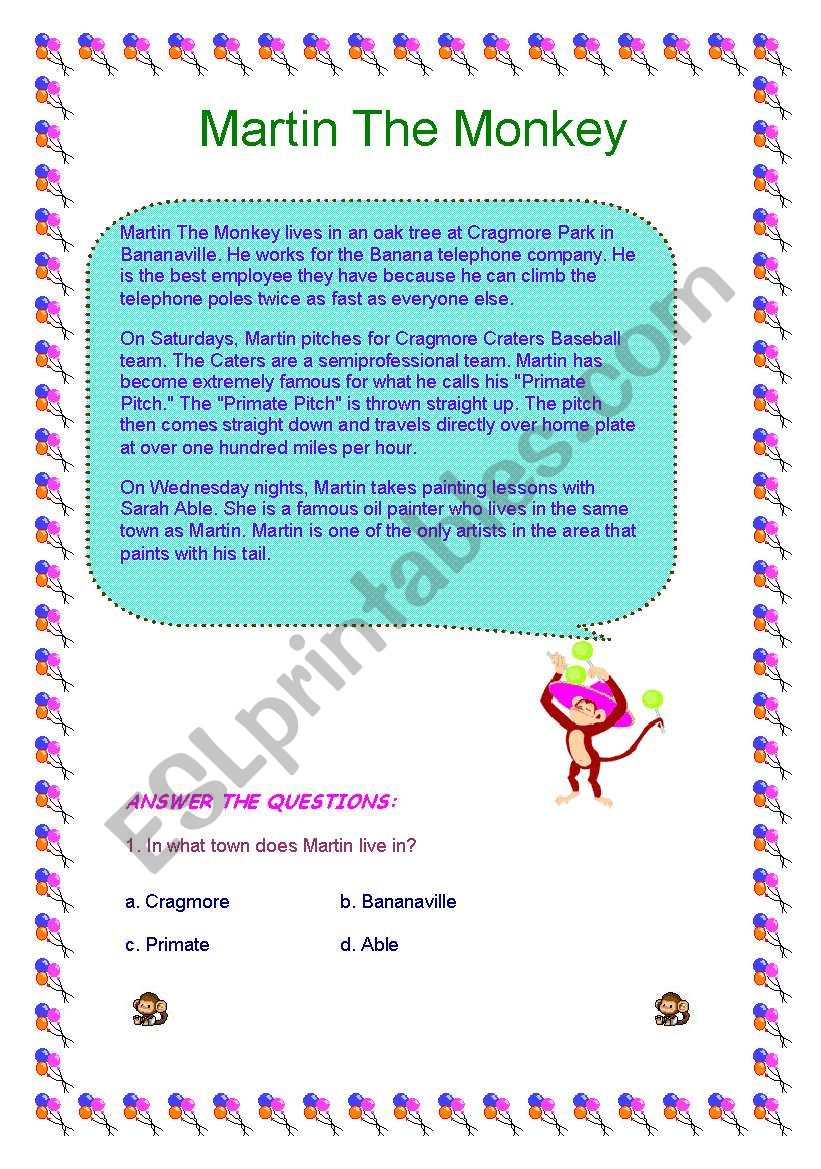 Martin the Monkey worksheet