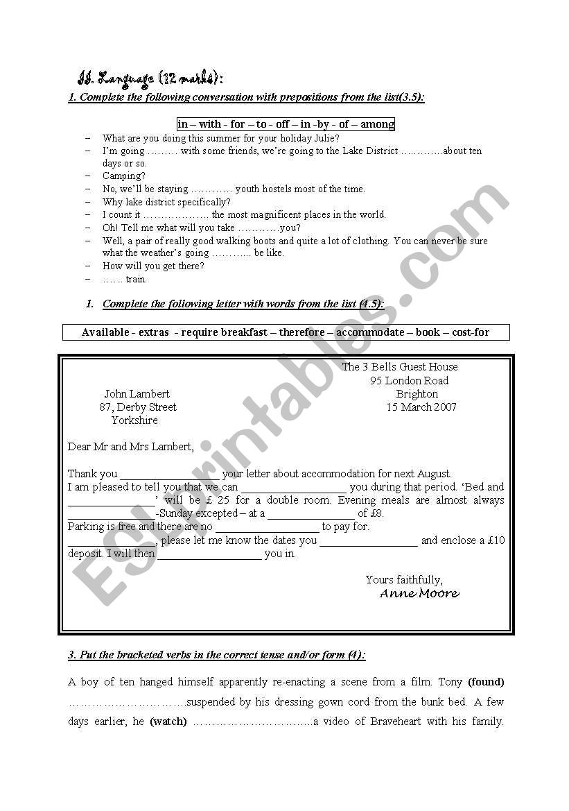 mid-test-3rd form  worksheet