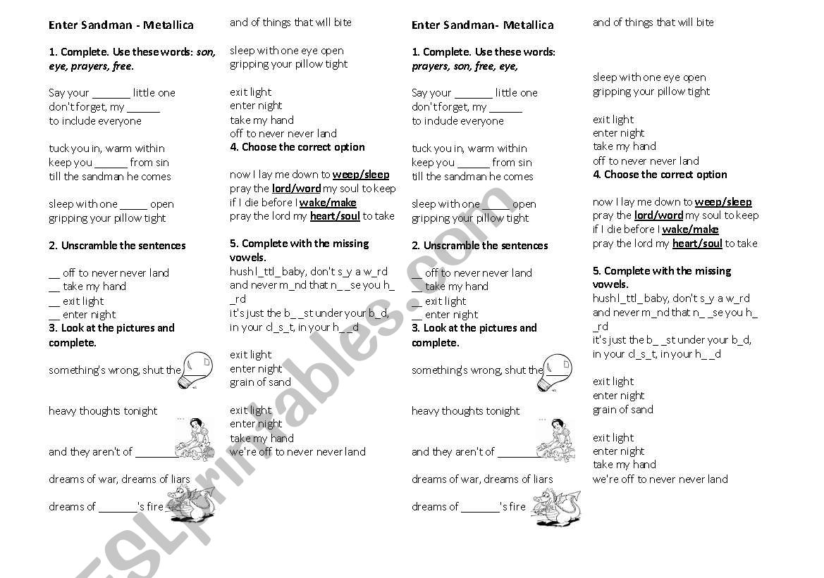 Enter Sandman worksheet